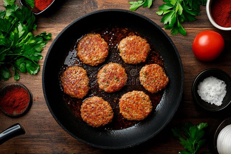 Cuocere deliziosamente le polpette di carne in una cucina comoda su una contropunta di legno illustrazione vettoriale