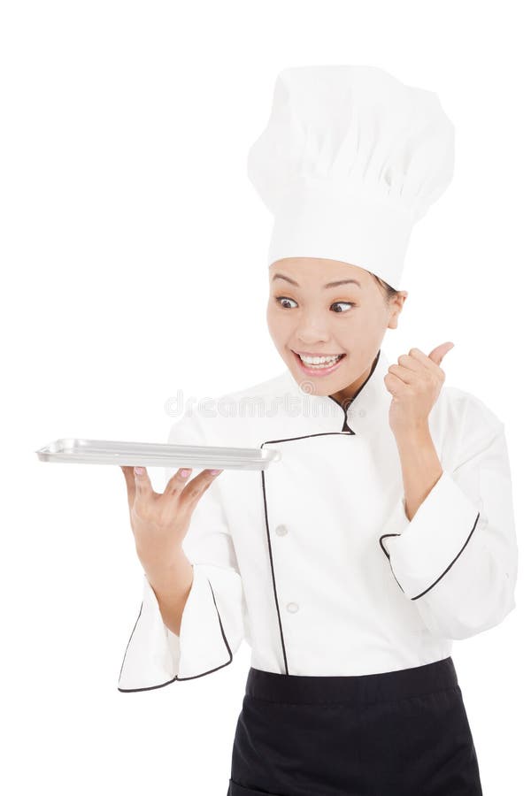 Cuoco unico, cuoco o panettiere femminile sorridente mostranti i pollici su immagine stock Cuoco unico, cuoco o panettiere femminile sorridente mostranti i pollici su immagine stock