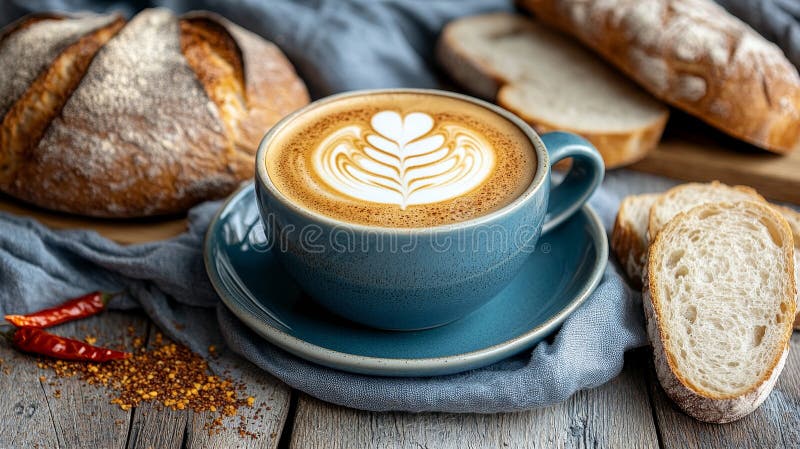 Cuoio capelluto con pane artigianale, peperoni rossi e peperoncini di peperoncino sulla tavola del caffè rustico illustrazione vettoriale