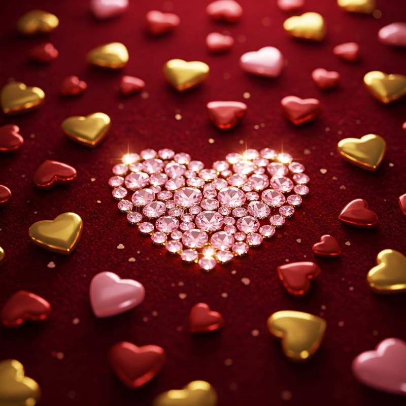 Cuore di diamante spumante circondato da cuori più piccoli illustrazione di stock