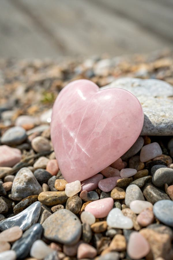 Cuore di quarzo di rosa su sbucciature. Un bel cuore di quarzo di rosa, collocato delicatamente su ciottoli lisci, simboleggiante l'amore per la pace e la guarigione