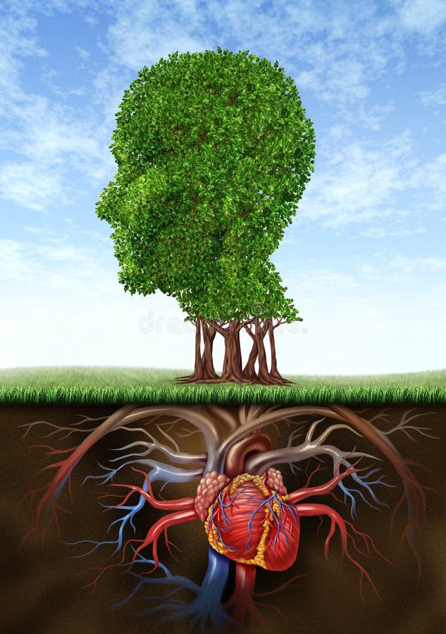 Healthy heart and mind with a tree in the shape of a human head and a heart organ as roots growing under ground representing the medical and health care biological connection between brain intelligence with blood circulation system. Healthy heart and mind with a tree in the shape of a human head and a heart organ as roots growing under ground representing the medical and health care biological connection between brain intelligence with blood circulation system.