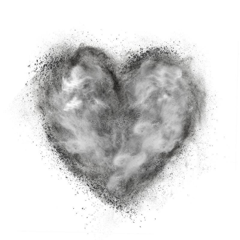 Cuore fatto dell'esplosione della polvere nera isolata su bianco fotografie stock Cuore fatto dell'esplosione della polvere nera isolata su bianco fotografie stock