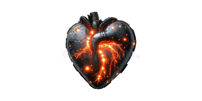 Cuore Meccanico Futuristico Con Circuiti Sfumanti. Simbolo Di Tecnologia E Connessione Umana Isolati Su Trasparente immagine stock