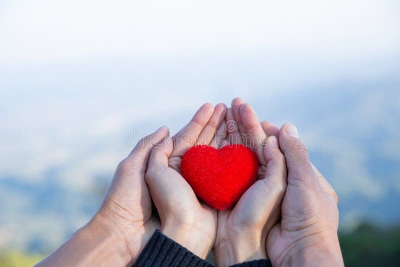Cuore rosso in mani delle coppie dell'amante sul fondo della sfuocatura della natura immagini stock