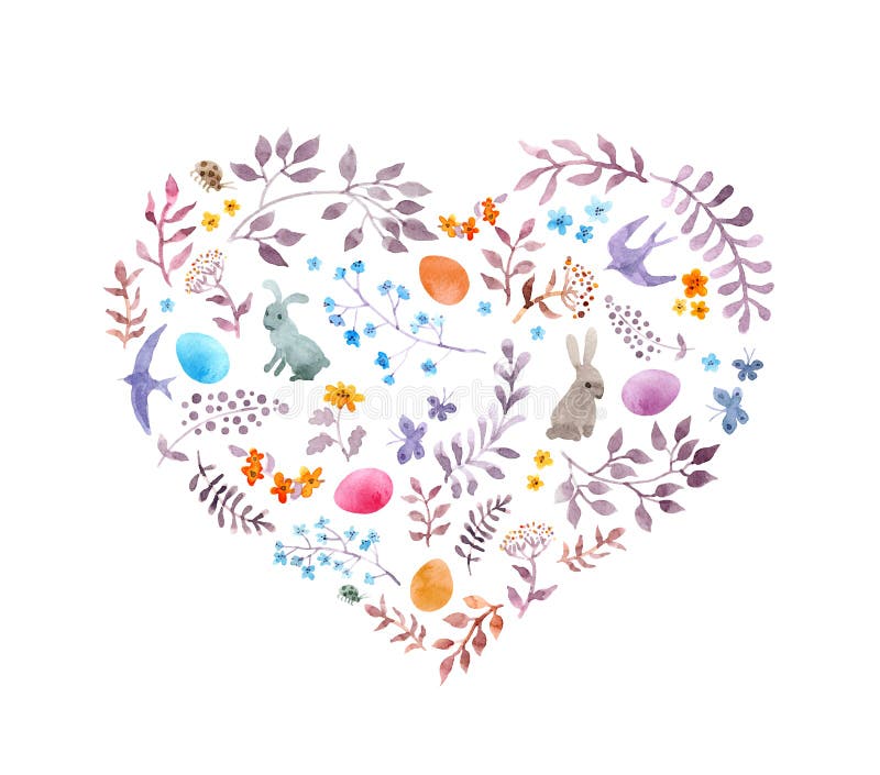Cuore sveglio di pasqua con i conigli, uova, fiori d'annata, uccelli watercolor illustrazione di stock Cuore sveglio di pasqua con i conigli, uova, fiori d'annata, uccelli watercolor illustrazione di stock