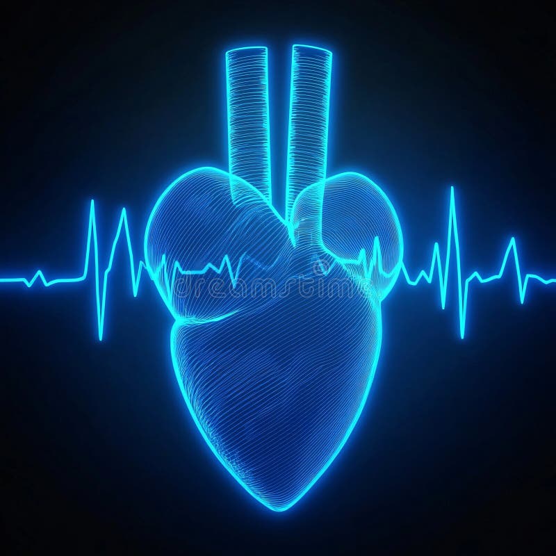 Cuore umano a wireframe con EKG Heartbeat Rhythm Linea Scienze mediche Concetto AI generato dall'onda anomala. illustrazione vettoriale