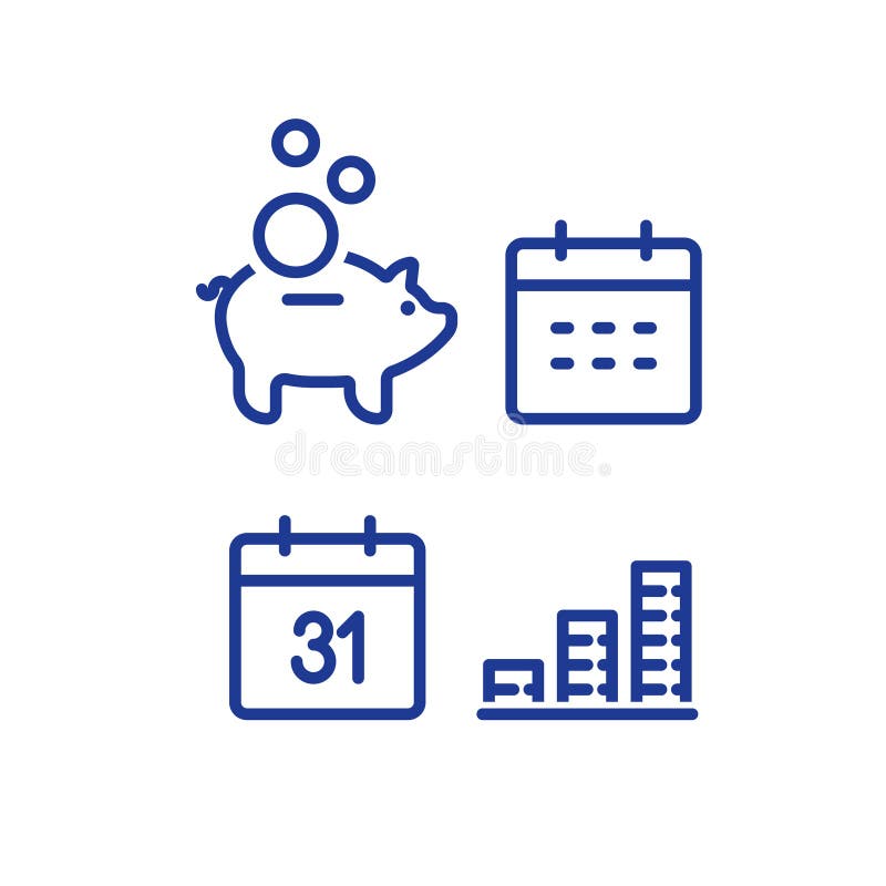 Financial calendar line icon, monthly payment outline symbol, annual income concept, piggy bank saving account, money return, asset allocation, long term investment pension fund, superannuation vector. Financial calendar line icon, monthly payment outline symbol, annual income concept, piggy bank saving account, money return, asset allocation, long term investment pension fund, superannuation vector