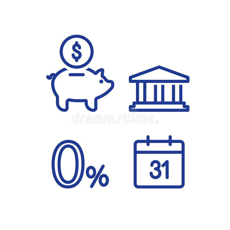 Zero percent sign, financial calendar line icon, monthly payment outline, annual income, piggy bank saving account, money return, asset allocation, long term investment pension fund, superannuation. Zero percent sign, financial calendar line icon, monthly payment outline, annual income, piggy bank saving account, money return, asset allocation, long term investment pension fund, superannuation