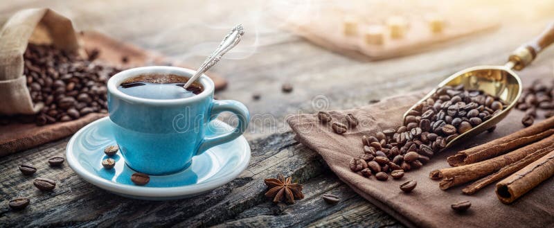 A cup of aromatic black coffee and coffee beans on the table. Morning Coffee Espresso for breakfast in a beautiful blue cup