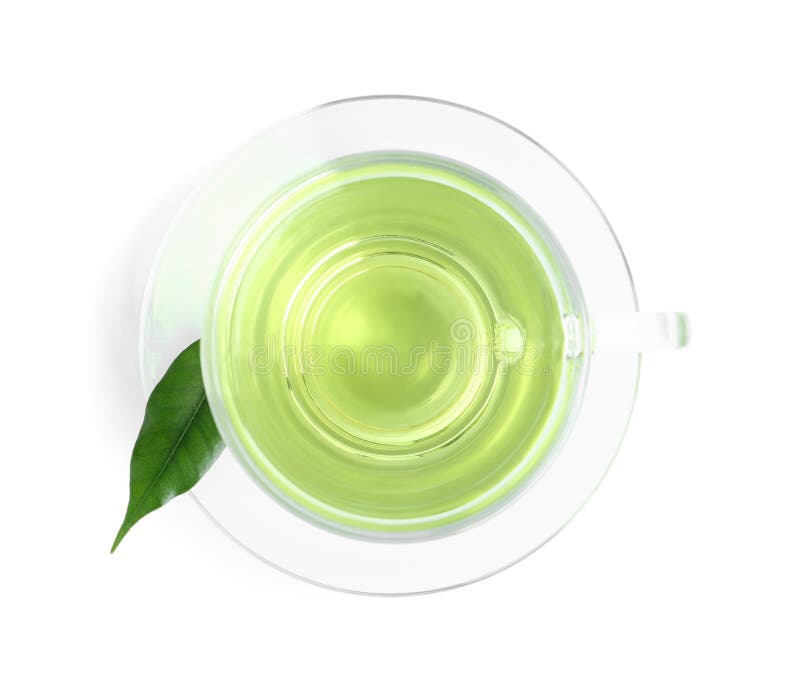 Cup of Aromatic Green Tea and Leaf Isolated, Top View Stock Image