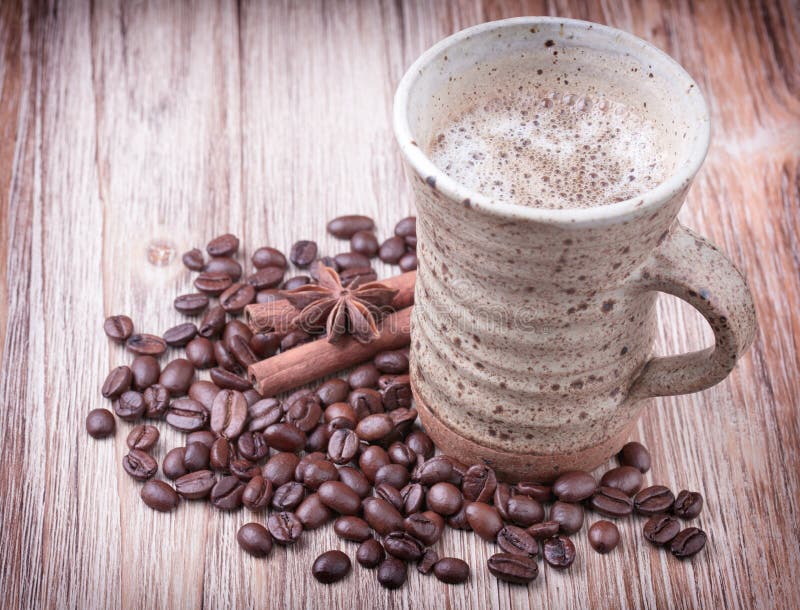 Cup of Coffee with Beans, Cinnamon and Chokolate Stock Image Image of