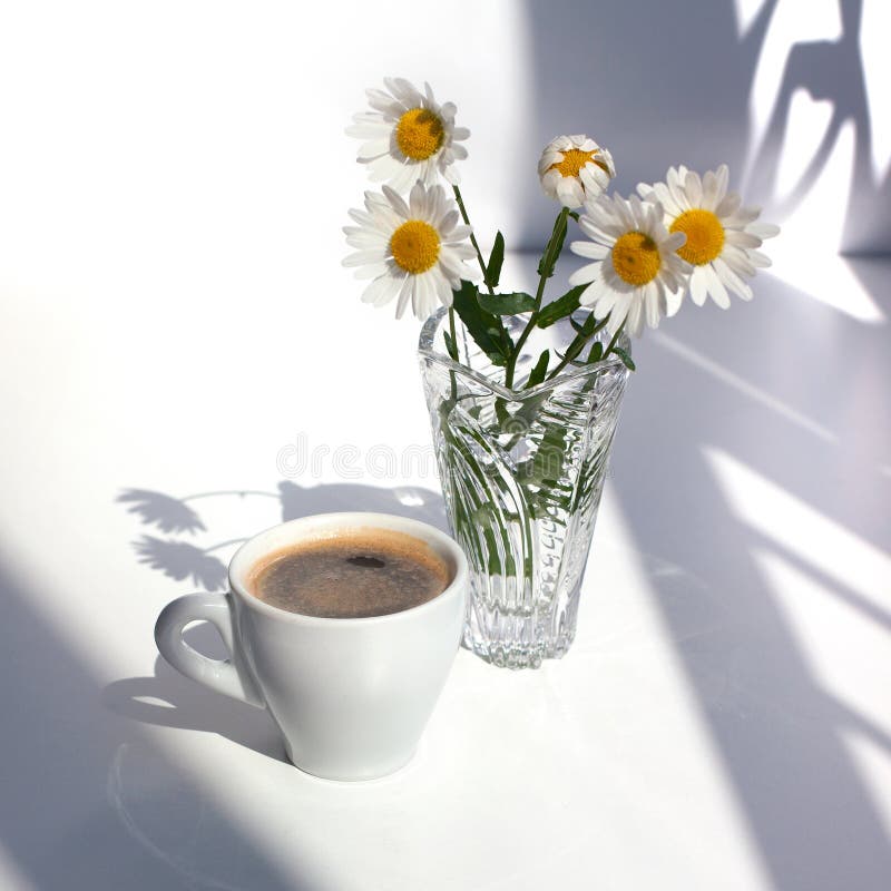 A cup of black coffee with foam, a bouquet of white camomile flowers in a crystal vase with water on a white table in the sunlight