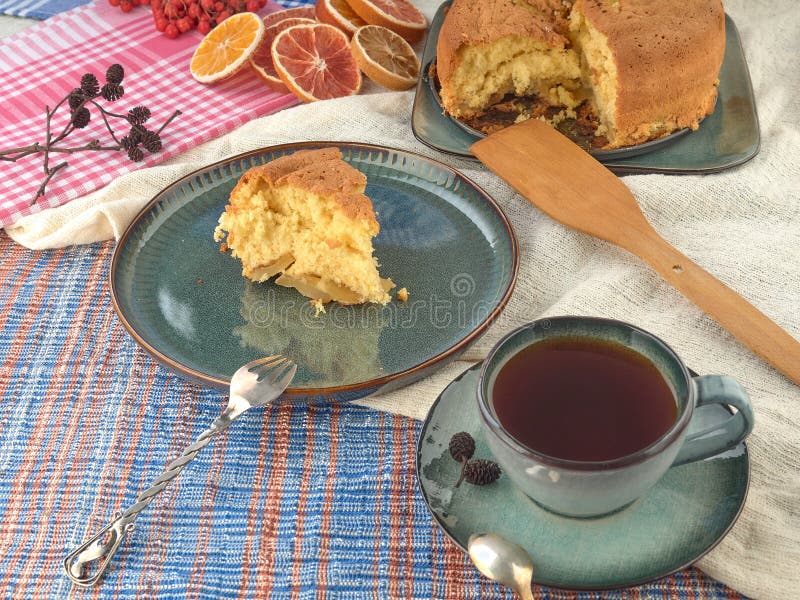 Cup of Black Tea.and a Biscuit Pie with Apples Stock Photo Image of