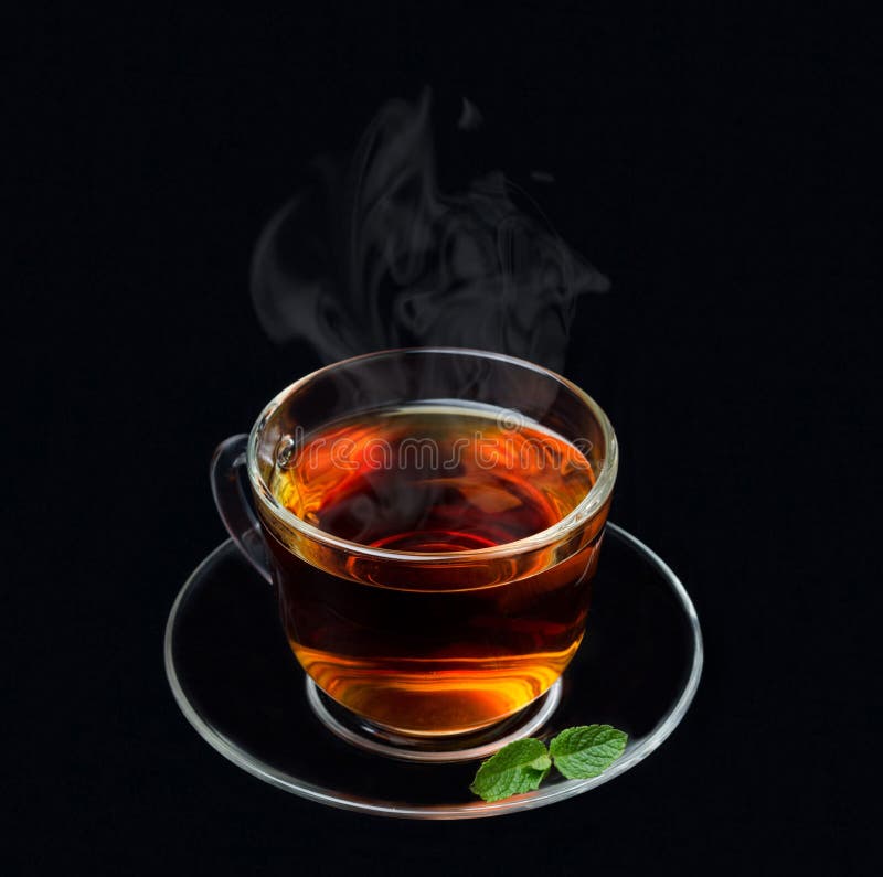 Cup of Black Tea with Mint and Smoke on a Black Background Stock Image -  Image of natural, transparent: 30096243