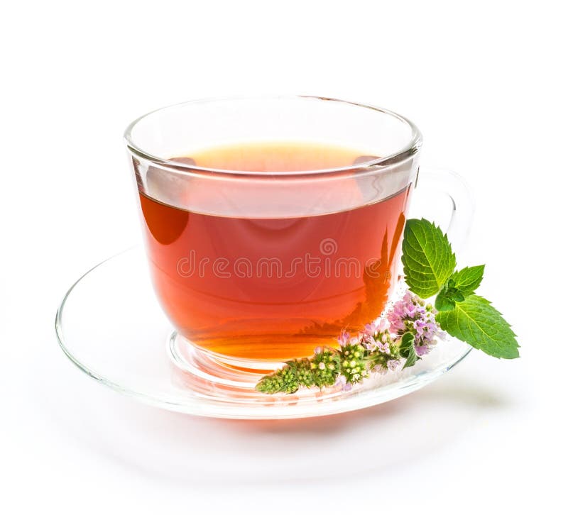 Cup of Black Tea with Mint Leaves and Flower Stock Photo Image of