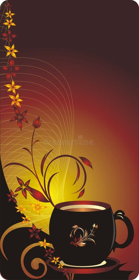 Cup and bouquet of flowers. Decorative banner