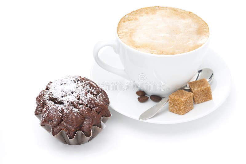 Cup of cappuccino with brown sugar and chocolate cake, isolated