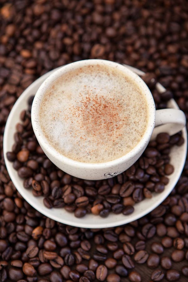 Cup of Cappuccino with Coffee Beans Around Stock Photo Image of roast