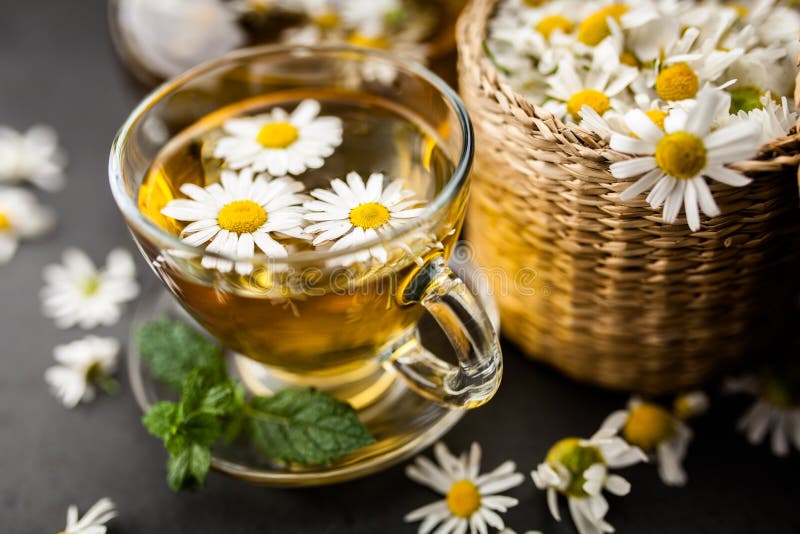 Cup of chamomile tea stock image. Image of medicine, basket 98532985