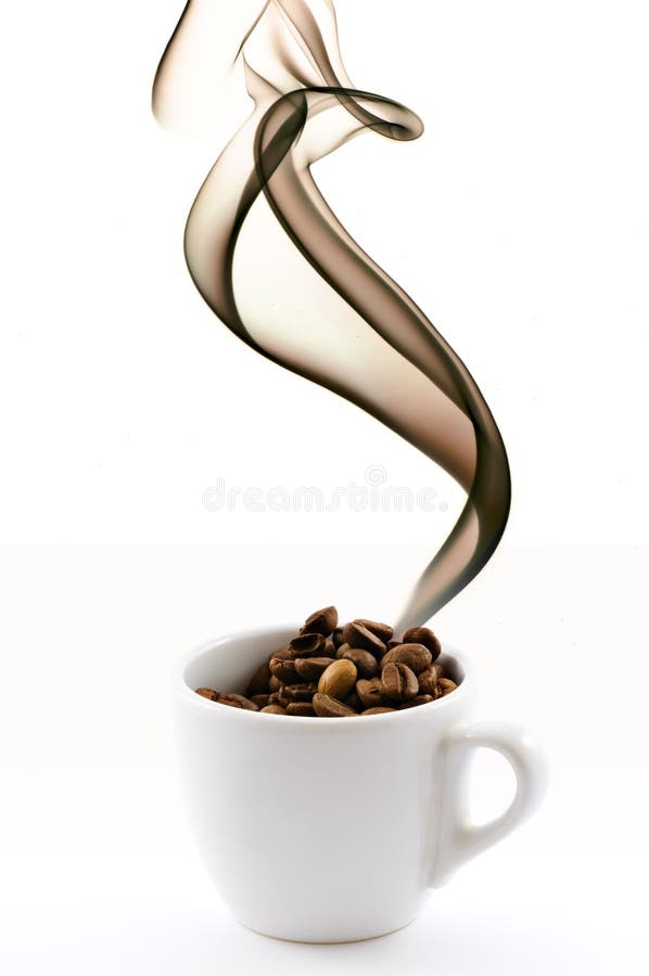 Cup with coffe beans and smoke