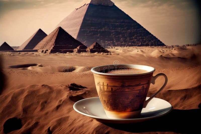 A Cup of Coffee on the Background of the Pyramids of Giza. Stock