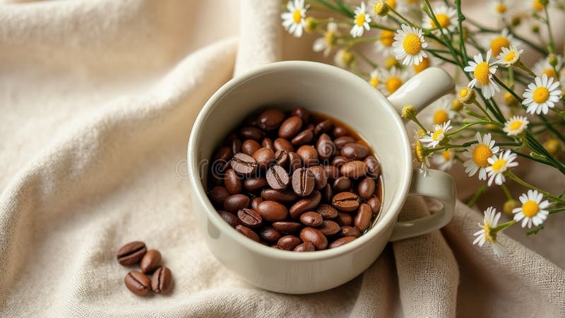 Cup of coffee beans with chamomile flowers on fabric background. That the image is generated using AI.