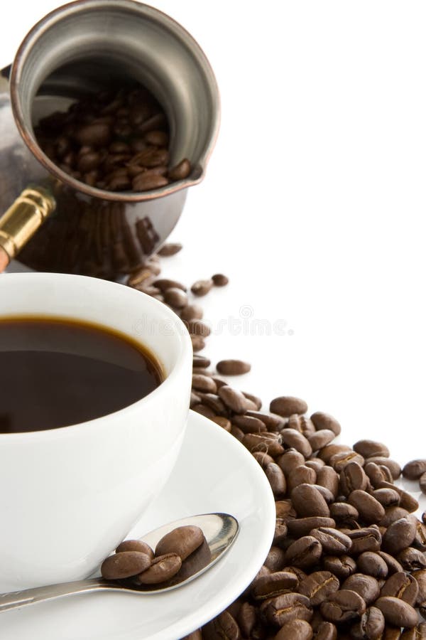 Cup of coffee, beans and pot isolated on white