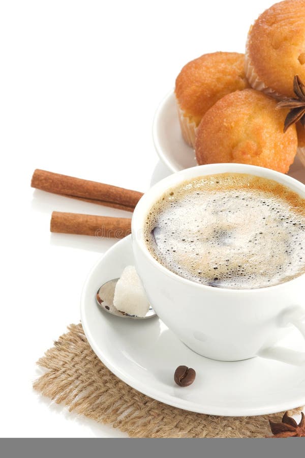 Cup of coffee with beans on white