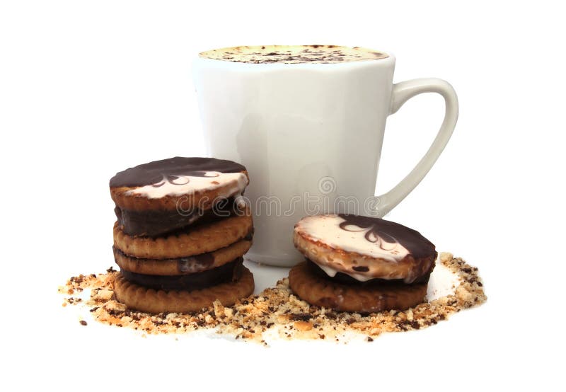 Cup of coffee, butter cookies with chocolate