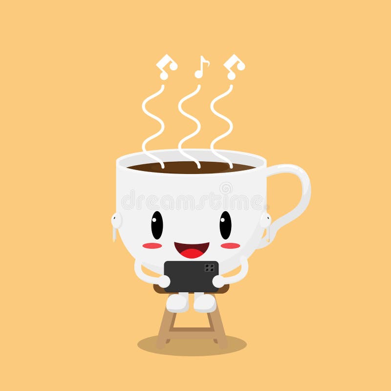 Cup of Coffee Cartoon Character Listen To Music from Smartphone Flat Vector Background  Design Stock Vector - Illustration of sticker, design: 187827075