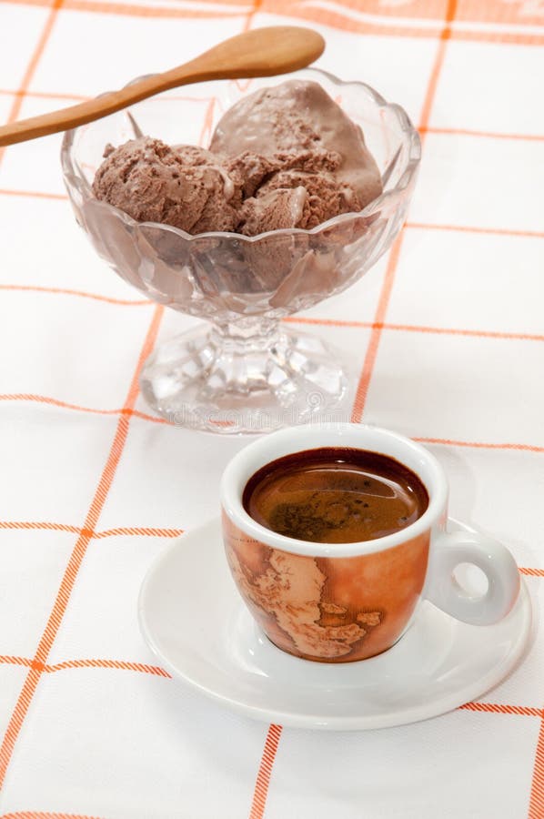 Cup of Coffee and Chocolate Ice Cream Served on the Table Stock Image
