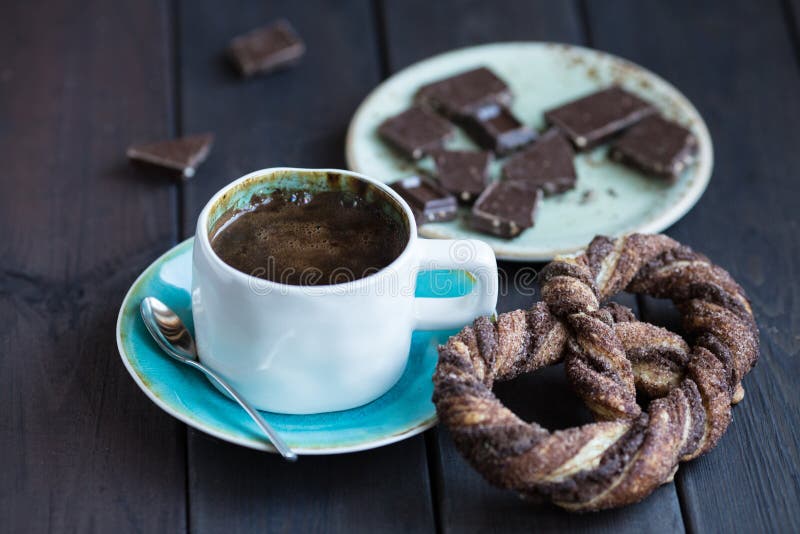 Cup of Coffee with Chocolate and Pretzel Stock Photo Image of form