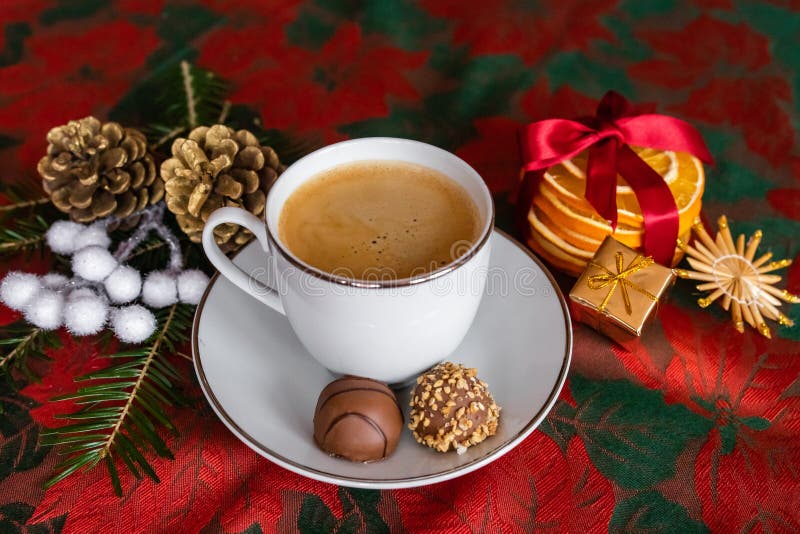 A Cup of Coffee on Christmas Festive Table Stock Photo - Image of ...