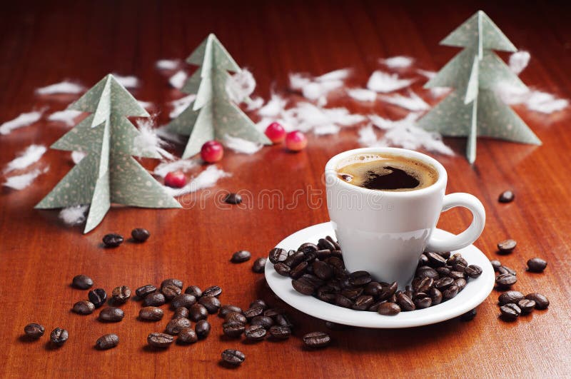 Cup of coffee and Christmas tree