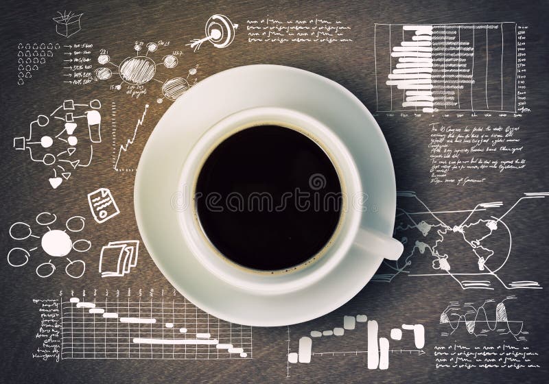 Close up of cup of coffee and sketches around. Diagram marketing research concept stock images, royalty-free photos and pictures