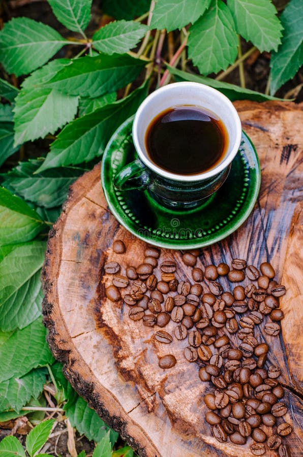 A Cup of Coffee on a Cut Tree with Coffee Beans and Leaves Stock Photo