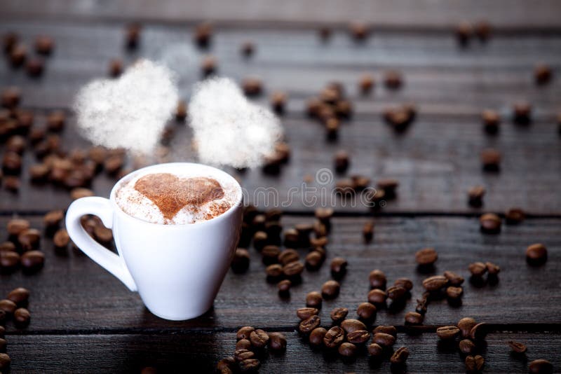 Download Cup Of Coffee With Heart Shape Steam And Beans Stock Image ...