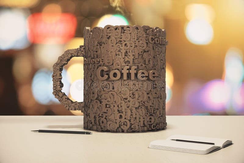 Cup of coffee made up of letters on a wooden table with diary stock illustration Cup of coffee made up of letters on a wooden table with diary stock illustration