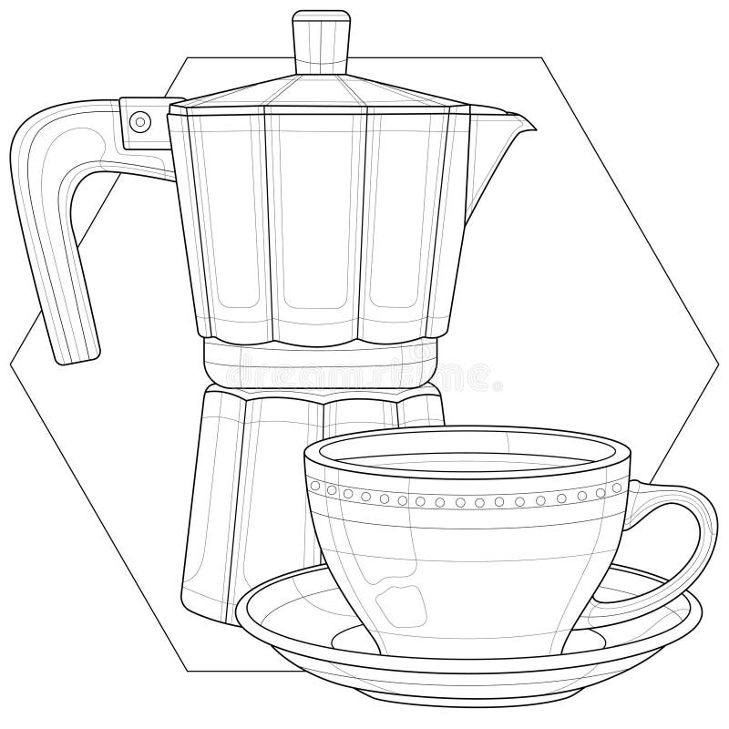 Coffee Maker, Cup and Desserts.Coloring Book Antistress for Children