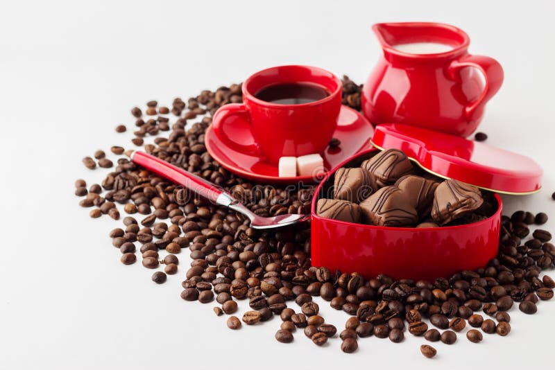 Cup Coffee Milk Box Heart Shaped Chocolates Stock Photos Free