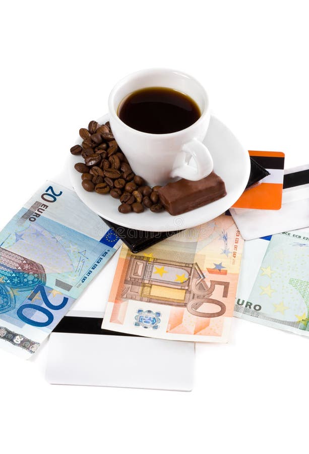 Cup of Coffee with Money and Credit Card. Stock Image Image of
