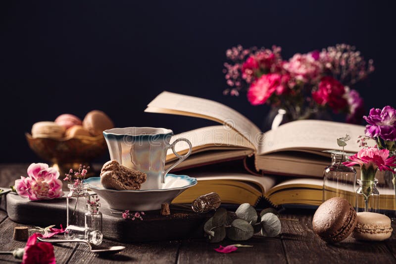 Cup of Coffee, Old Books and Pink Carnation Flowers Stock Image - Image of  dark, card: 168424813