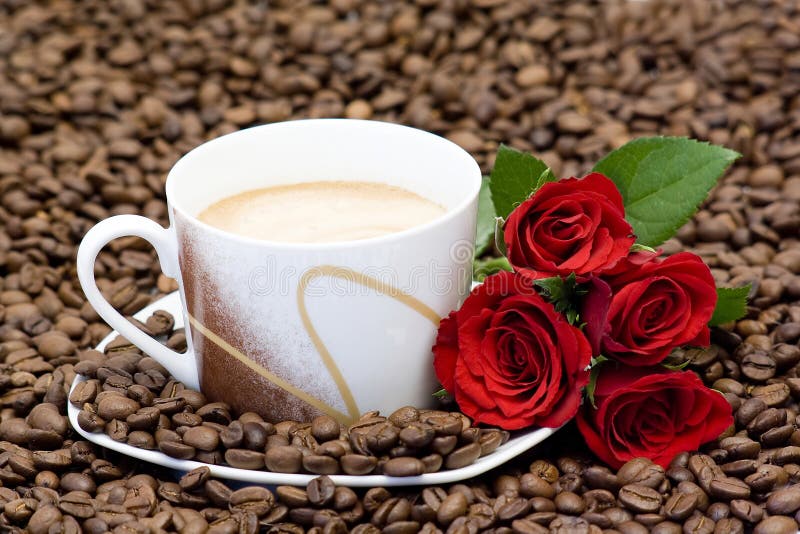 Cup of Coffee and Red Roses Stock Image Image of white, heat 12817909