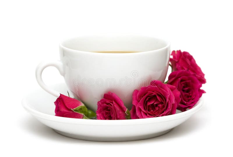 Blanco taza de café rosas.