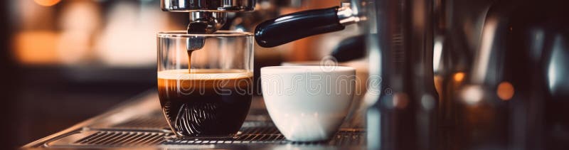 A cup of coffee sitting next to a coffee machine. Generative AI image. vector illustration