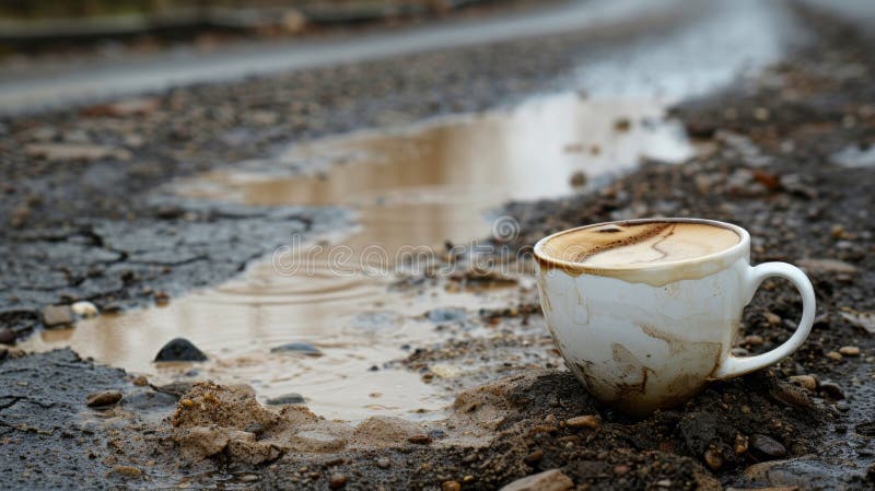 A cup of coffee sitting on the dirty side of a road, AI vector illustration