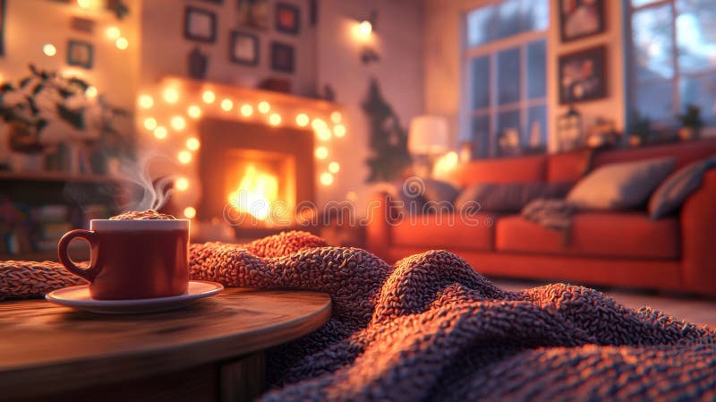 A cup of coffee sitting on a table in front of the fireplace, AI royalty free stock photo