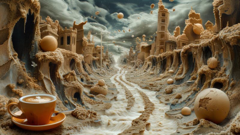 A cup of coffee sitting on a table in front of an image, AI vector illustration