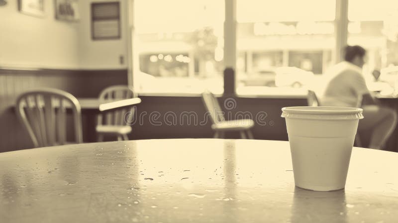 A cup of coffee sitting on a table in front of someone, AI stock image